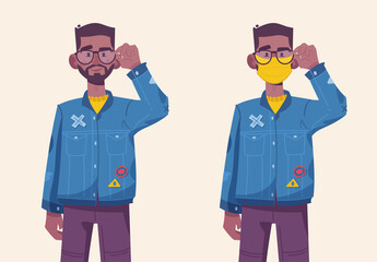 Young hipster man wearing medical protective with and without mask