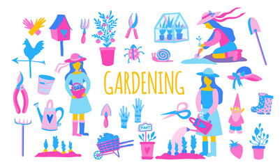 Girl farmer plants plants and harvests. Gardening tools. Rake or shovel and farm collection or farming. Set of clip art illustration isolated on white background arted out in flat style