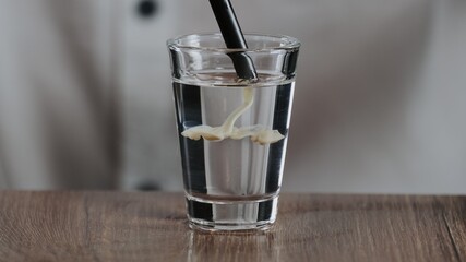 The bartender drips a drop of irish cream from a drinking straw to glass with sambuca