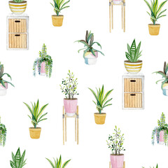 Fototapeta na wymiar Warecolor seamless pattern with house plants in pots and painted decorative greenery home decor collection for scrapboock paper, wrapping paper, wallpaper decor.