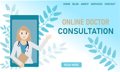 Woman Doctor Giving Advise.Online consultation.Flat design concept of online medicine and healthcare application for website. Medical diagnostics over the Internet. Doctor online landing page.