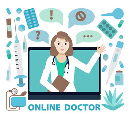 Online doctor, internet computer health service. Online medical services, medical consultation. Vector illustration for websites landing page templates. Female doctor. Flat style.     