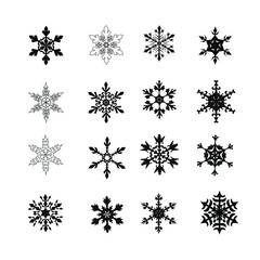 Black snowflakes silhouettes. Cute snowflakes collection isolated on white background. Flat snow icons, snow flakes silhouette. 