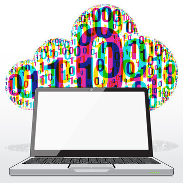 A Laptop PC presenting in front of a Digital Binary code Data cloud &ndash; representing the binary information available within the World Wide Web (WWW).