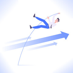 Business achievement or goal concept. Businessman jumps over rising arrows, vector illustration