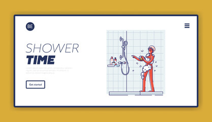 Obraz na płótnie Canvas Shower time landing page design with happy african american man take shower singing and dancing