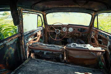 Fototapeta na wymiar Inside interior of Old retro rusty abandoned car overgrown with grass, close up.