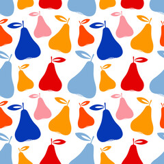 Vector seamless pattern of flat colored pears on a white background. For the design of wrapping paper, fabric, packages.