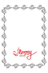 Merry Christmas text decorated with hand drawn branches with red berries. Greeting card design element. Red brush lettering. Vector typography.