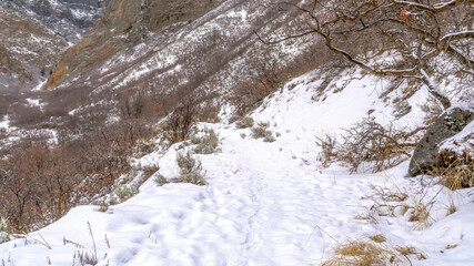 Fototapeta na wymiar Panorama Snow covering the rocky slope of Provo Canyon mountain during winter in Utah