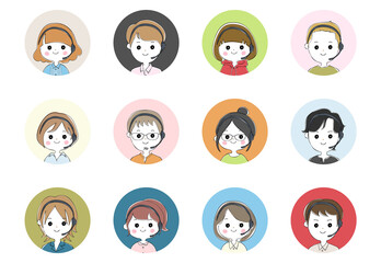 ヘッドセットをつけた男女12人　円形のカラフルな背景のセット