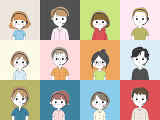 ヘッドセットをつけた男女12人　カラフルな背景のセット