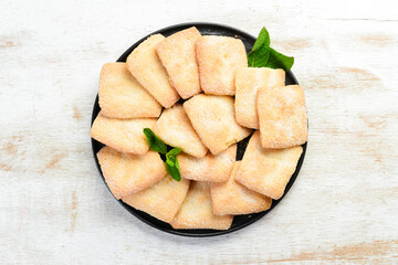 Sugar-shortbread cookies. Top view, free copy space.