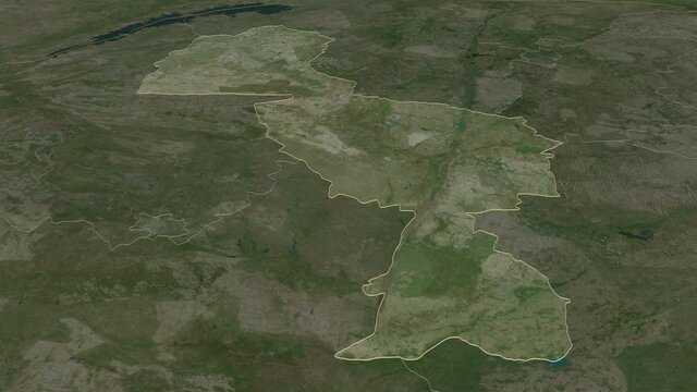 Midlands, province with its capital, zoomed and extruded on the satellite map of Zimbabwe in the conformal Stereographic projection. Animation 3D