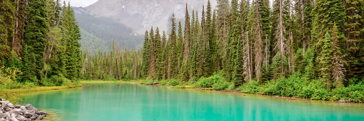 Panorama of Emerald lake near Golden in Yoho National park in the canadian Rocky Mountains, British Columbia, Canada