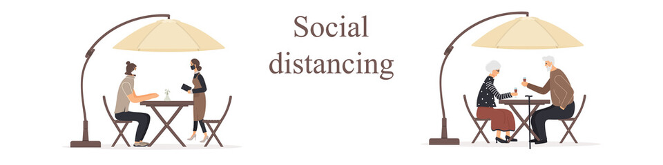 Set of men and women sitting at tables under umbrella in cafe or restaurant talking to each other, drinking wine,making an order to waitress during epidemic of virus.  Raster illustration