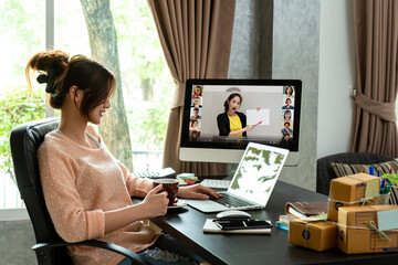 Online course attended by woman at home and working at the same time, learning at home with 10 other people