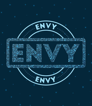 Envy. Glowing round badge. Network style geometric envy stamp in space. Vector illustration.