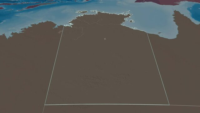 Northern Territory, territory with its capital, zoomed and extruded on the administrative map of Australia in the conformal Stereographic projection. Animation 3D