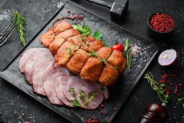 Smoked pork meat with spices and herbs. Top view. Free space for text.