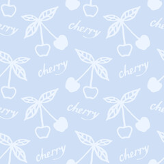 
Vector seamless pattern of cherries and the words cherry in doodle style on a blue background. For the design of wrapping paper, fabric, packages.