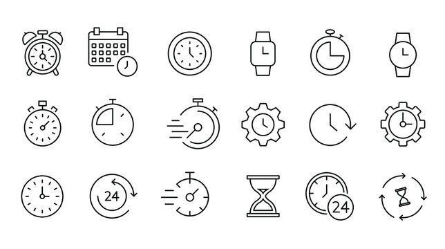 Time and clock icon set, timer, speed, alarm, restore, management, calendar, watch thin line symbols for web and mobile phone on white background - editable stroke vector illustration eps10