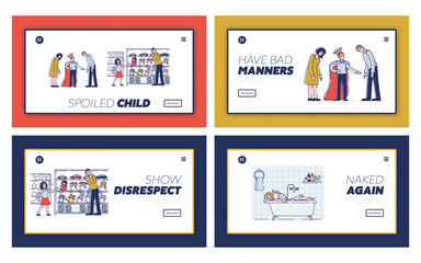 Naklejka na ściany i meble Spoiled kids, bad manners and disrespect to parents set of landing page templates