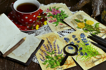 Cup of tea, cards with healing herbs and open diary on witch table.