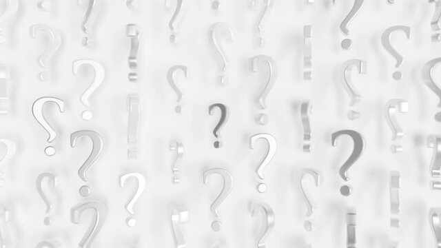 Many Question Marks Loop 1 Silver x White: many silver and white question mark symbols rotating and moving randomly over a bright white background. Question marks icon. Decisions. Seamless loop. 4K