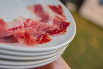 A plate of Iberian ham cut very thin.