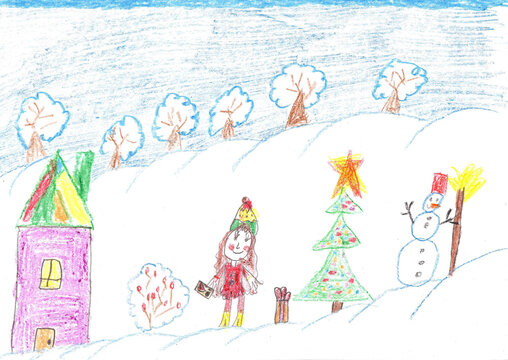 Children celebrate Christmas outdoors. Child drawing