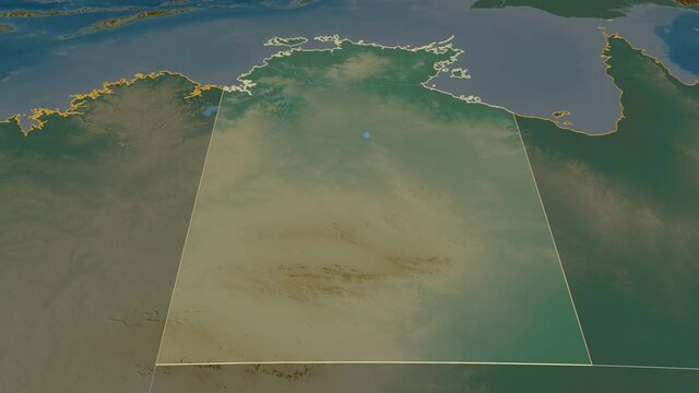 Northern Territory, territory with its capital, zoomed and extruded on the relief map of Australia in the conformal Stereographic projection. Animation 3D