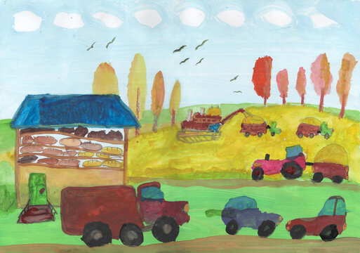 Combine harvester working a wheat field with a tractor and trailer moving alongside.Drawing in children style