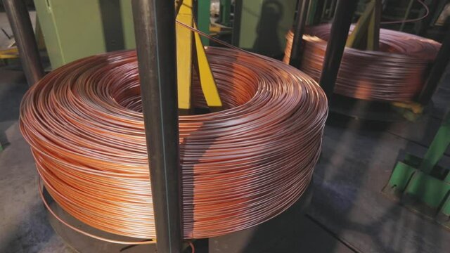 Modern cable manufacturing, cable factory. Copper cable production process in a modern factory