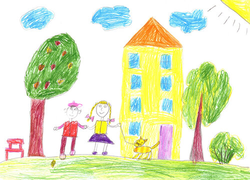 Child's drawing a happy family for a walk