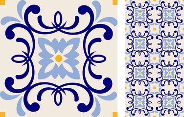 Seamless Azulejo tile. Portuguese and Spain decor. Islam, Arabic, Indian, Ottoman motif. Vector Hand drawn background