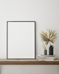 mock up poster frame in modern interior background,close up, living room, Scandinavian style, 3D render, 3D illustration