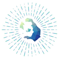 Shape of Santorini, polygonal sunburst. Map of the island with colorful star rays. Santorini illustration in digital, technology, internet, network style. Vector illustration.