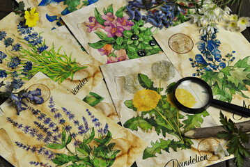 Old cards with healing herbs drawings on the table. Esoteric, wicca and occult background with...