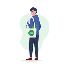 Zero waste concept, young millennial character carrying groceries in a reusable eco friendly shopper bag, vector illustration