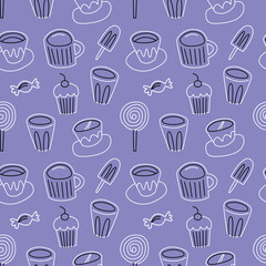 Dessert candy tea cup coffee flat hand drawn seamless pattern. Ideal for background, wallpaper, textile, backdrop, wrapping paper. Pattern design. hipster modern style.