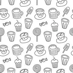 Dessert candy tea cup coffee flat hand drawn seamless pattern. Ideal for background, wallpaper, textile, backdrop, wrapping paper. Pattern design. hipster modern style.