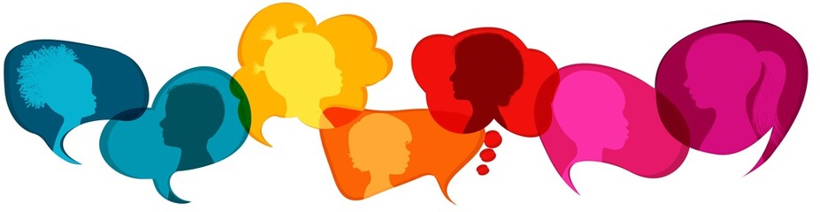 Speech bubble.Multicultural kindergarten.Silhouette group of modern children in rainbow colored profile.Communication multi-ethnic children.Children talking.Globalization