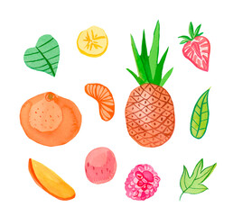 Watercolor set of juicy fruits.Mandarin,lichi,pineapple, raspberry,pieces of strawberries,banana,mango.Clip art food illustration on a white isolated background.Design for menu,advertising,packaging.