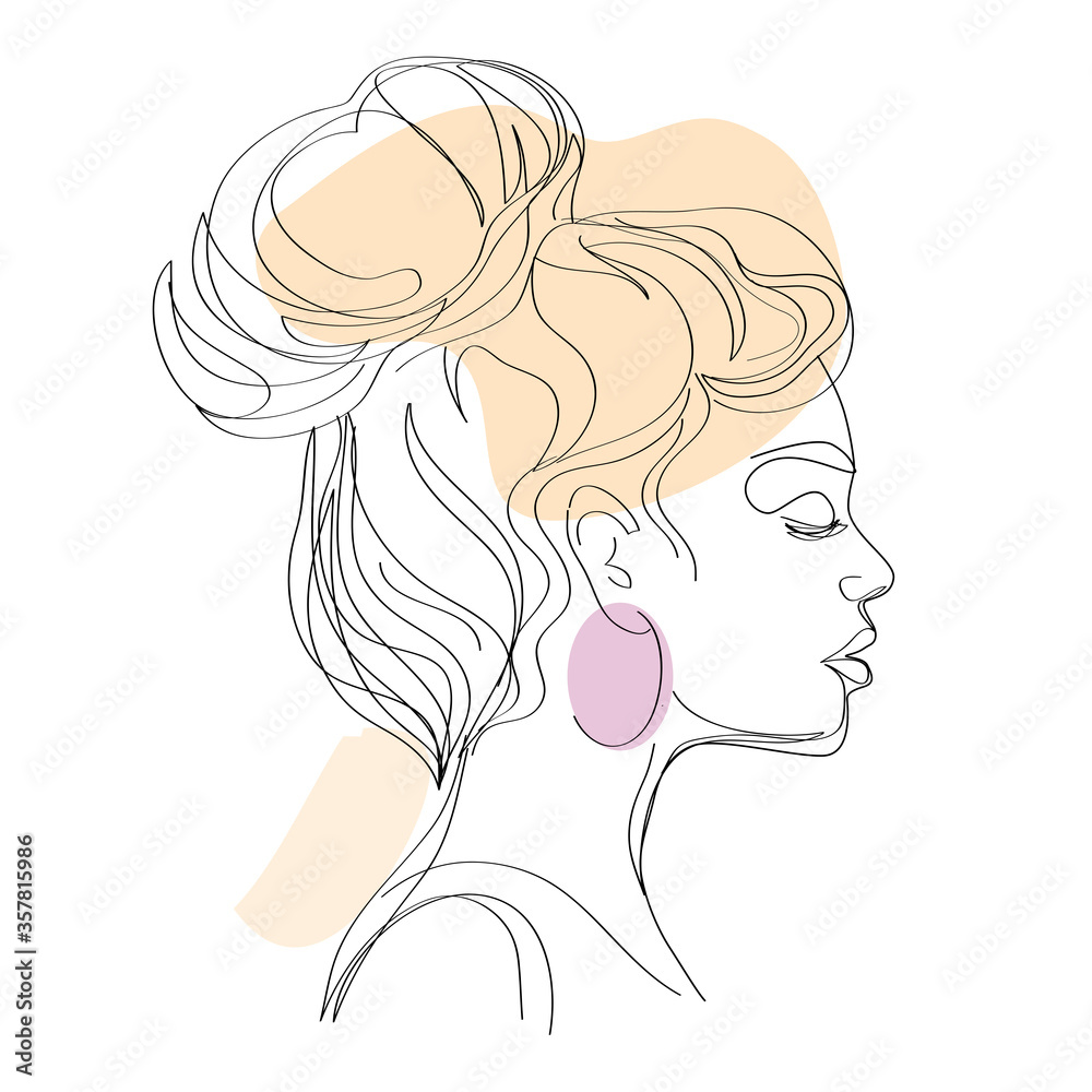 Wall mural Portrait of a girl in profile in a trendy style with one line on a white background. Hand drawn minimalism style. Vector illustration