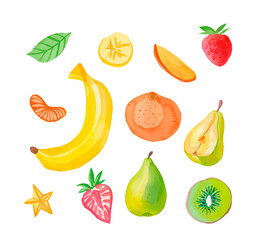 Watercolor set of juicy fruits.Carambola,kiwi,tangerine,pear,melon,orange,raspberry,banana,strawberries,mango.Clip art food illustration on a white isolated background.Design for menus,advertising.