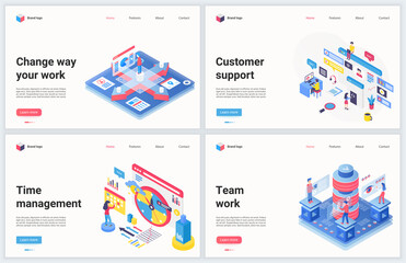 Isometric work technology optimization vector illustration. Creative concept banner set, interface webpage design with cartoon 3d successful business teamwork and optimizing time management strategy