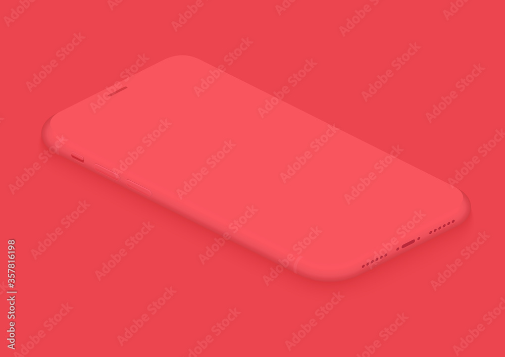 Aufkleber Soft isometric red vector smartphone. 3d realistic empty screen phone template for inserting any UI interface, advertisment, test presentation. Floating soft mock up design perspective view.