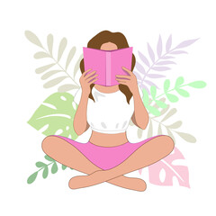 Vector illustration with beautiful silhouette of a girl sitting reading a book on the tropical leaves background. Knowledge concept