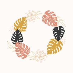 Modern tropical wreat with brown,yellow ,black monstera leaves. Tropical frame for invitation card design.